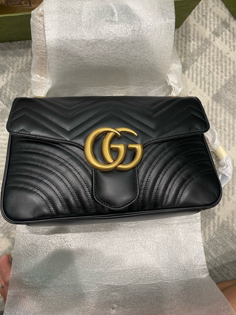 Gucci GG Marmont Black Matelassé Leather Shoulder Bag with Gold GG Medium